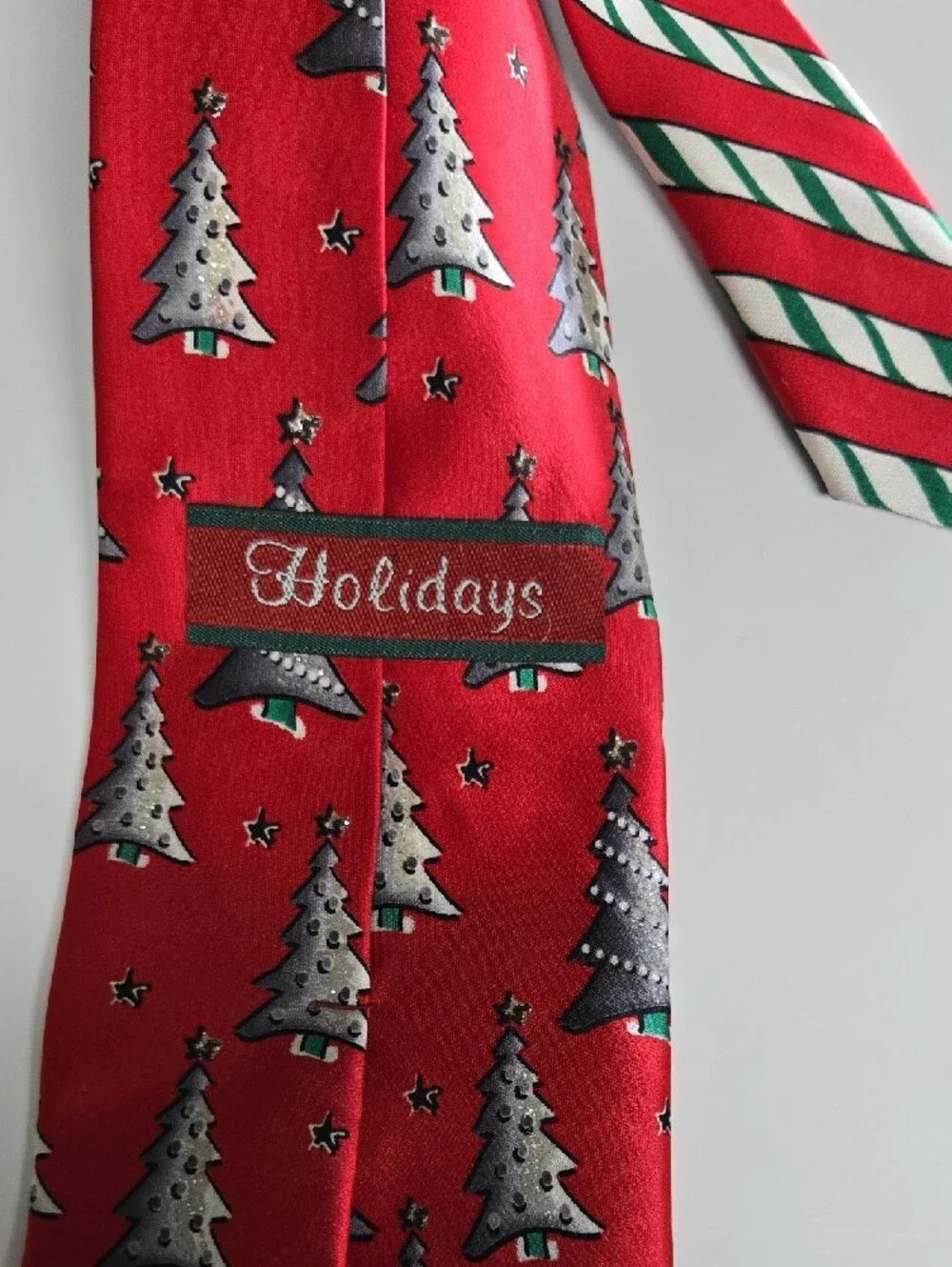 Holiday Red Silk Tie With Silver Trees